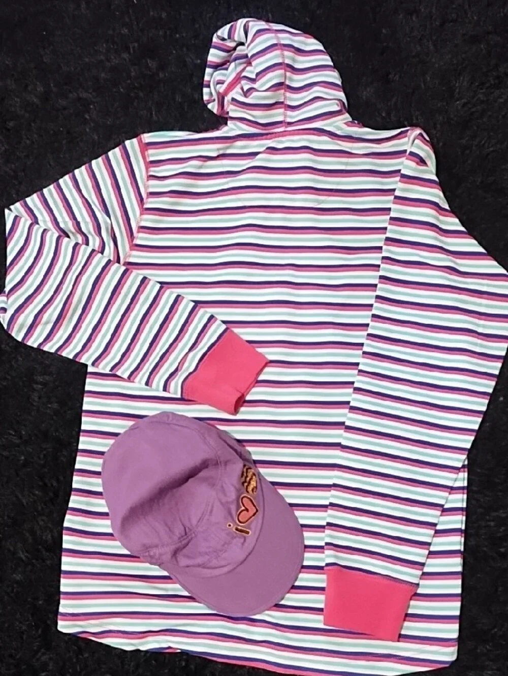 Nike Striped Hooded Jacket in Pink, Purple, and White & Purple Cap VGC Size XL.
